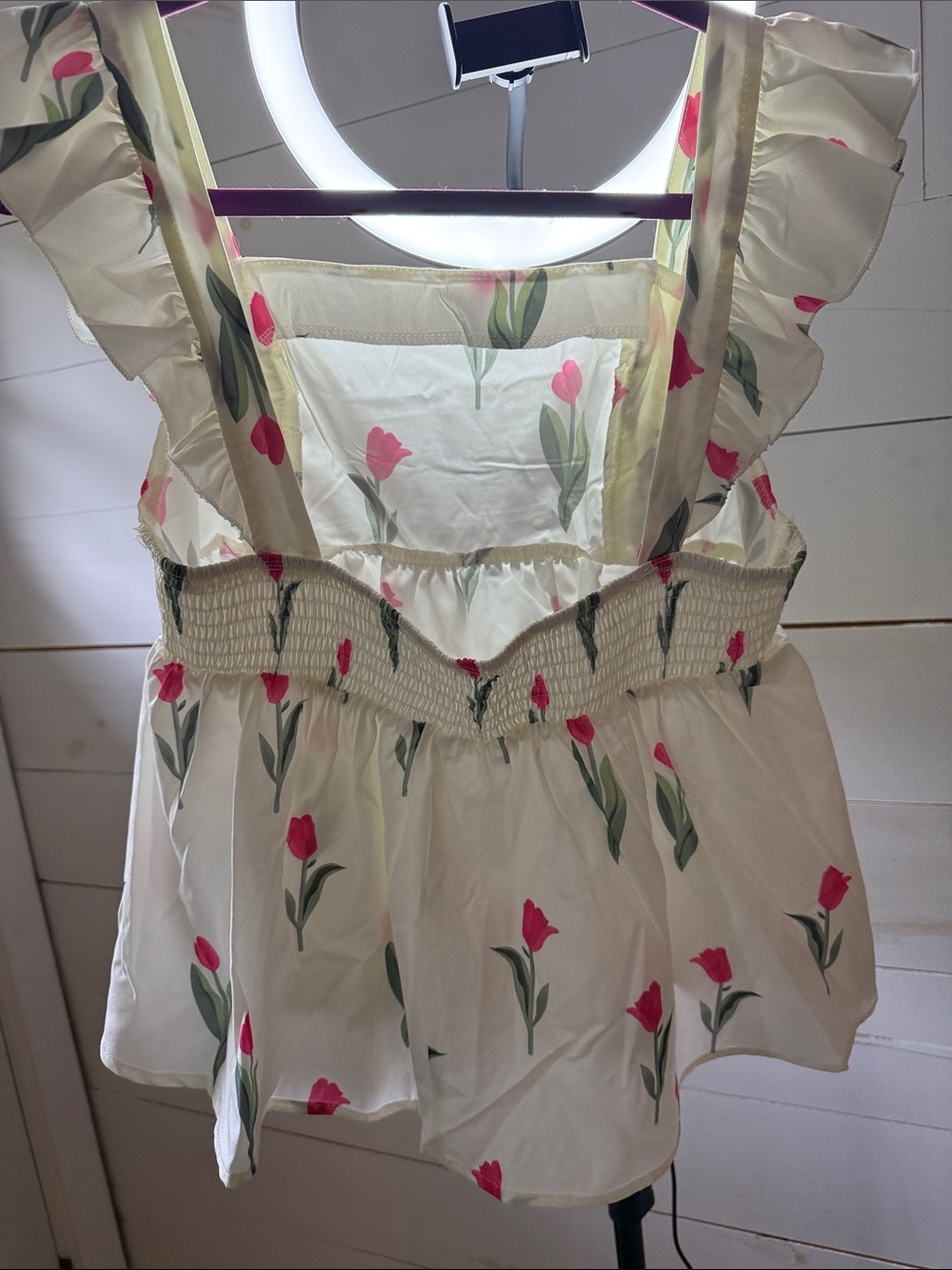 Floral Tulip Ruffle-Sleeve Peplum Blouse - White/Pink - Picture 6 of 6